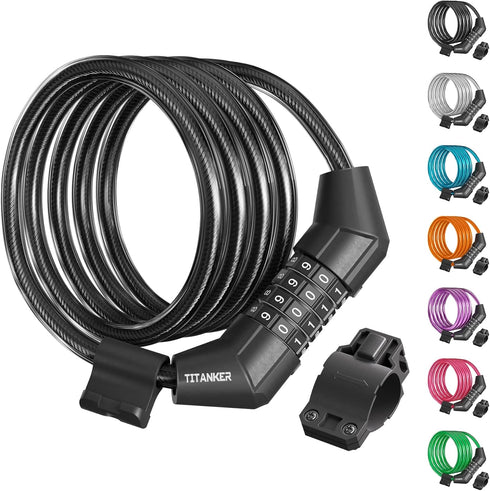 Titanker Bike Lock Cable, 4 Feet Bike Cable Lock Basic Self Coiling Kids Bike Lock Combination with Complimentary Mounting Bracket, 5/16 Inch Diam...