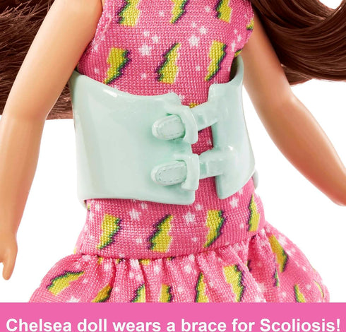 Barbie Chelsea Doll, Small Doll with Brace for Scoliosis Spine Curvature, Brunette Wearing Pink Lightning Bolt Dress...