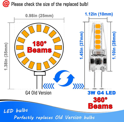 G4 LED Bulb 3 Watt Equivalent 20W-35W Halogen Bulbs 2700K Warm White 350LM AC/DC 12-24 Volt for Landscape Lighting, Under Cabinet Lighting, Chande...