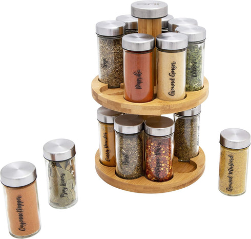 Orii 16 Jar Spice Rack with Spices Included - Rotating Countertop 2 Tier Tower Organizer for Kitchen Spices and Seasonings, (Bamboo Wood)...