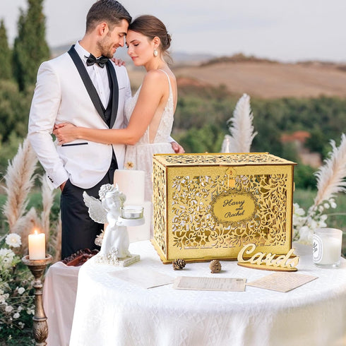 OurWarm Glittery Gold Wedding Card Box with Lock, Wood Gift Card Box for Wedding Reception, Envelope Box for Party Graduation Birthday Baby Shower...