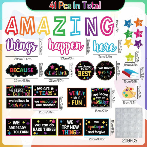 41Pcs Motivational Bulletin Board Decoration Amazing Things Happen Here Paper Cutouts with 100Pcs Glue Points Bulletin Border Stickers for Classro...