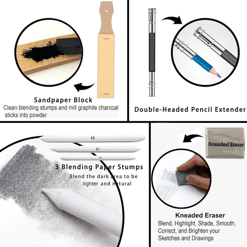 KALOUR 33 Pieces Pro Drawing Kit Sketching Pencils Set,Portable Zippered Travel Case-Charcoal Pencils, Sketch Pencils, Charcoal Stick,Sharpener,Er...