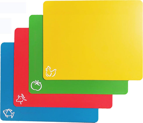 Extra Thick Flexible Plastic Cutting Board Mats with Food Icons &"EZ-Grip" Waffle Back, (set of 4), For Kitchen & Bar...