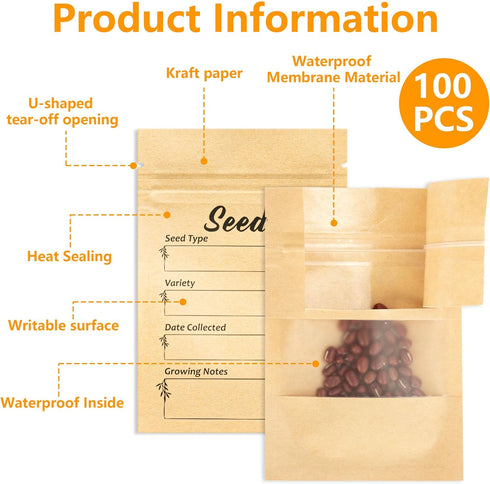 100pcs Seed envelopes resealable Seed saving envelopes with clear window Kraft paper seed packets for Garden Flower Vegetable Plants Seed Storage ...