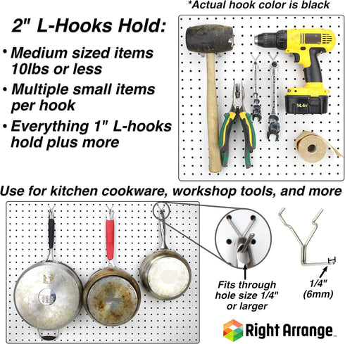 Steel Pegboard Hooks 50-Pack 1" + 2” L Hook, Black - Will Not Fall Out, Fits Any Peg Board - Organize Tools, Accessories, Workbench, Garage Storag...