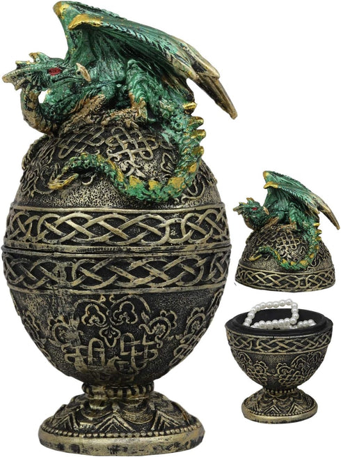 Ebros Gift Green Dragon Perching On Celtic Knotwork Tattoo Relic Golden Egg Decorative Jewelry Box Figurine 6.25" High Fantasy Myths Legends Dunge...
