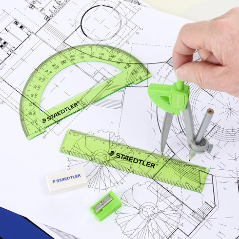 STAEDTLER Student Math Set - Essential School Supplies with 6-Piece - Compass, 6in Ruler, 180° Protractor, Pencil, Eraser & Sharpener in Zippered ...