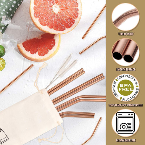 Hiware 12-Pack Rose Gold Metal Straws Reusable with Case - Stainless Steel Drinking Straws for 30oz and 20oz Tumblers Dishwasher Safe, 2 Brushes I...