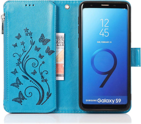 UEEBAI Wallet Case for Samsung Galaxy S9, Premium PU Leather Magnetic Closure Flower Pattern Handbag Zipper Pocket Case Kickstand Card Holder Slot...