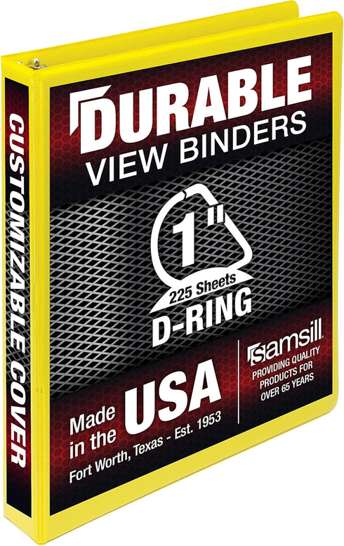 Samsill Durable 1 Inch Binder, Made in the USA, D Ring Binder, Customizable Clear View Binder, Yellow, Holds 225 Pages...