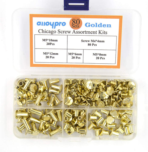 80 Sets Chicago Screws Assorted Kit 4 Sizes Golden Leather Rivets 1/4 5/16 3/8 1/2 Screw Rivets Slotted Phillip Head Book Binding Posts Nail Rivet...