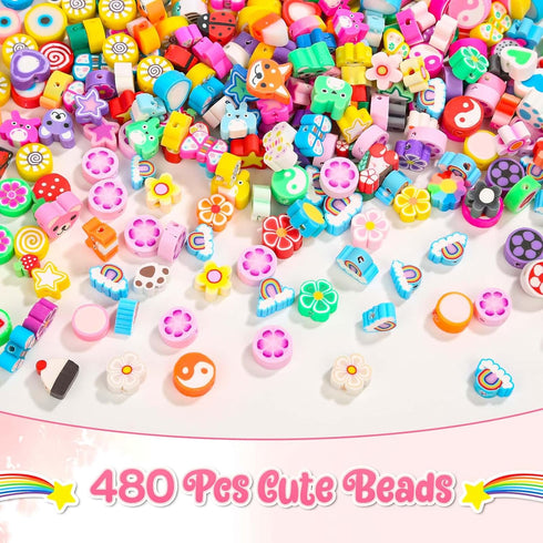 Thrilez 480 Pcs Fruit Flower Polymer Clay Beads, 24 Styles Clay Bead Charms for Bracelets Making, Jewelry Making, Necklace and Earring with Elasti...