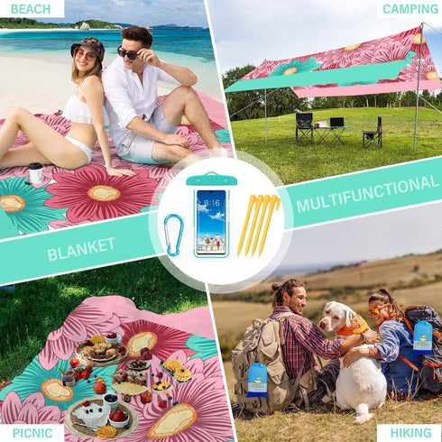 BYDOLL Beach Blanket Sandproof Waterproof 78''×81'' 1-4 Adults Floral Compact Lightweight Oversized Beach Blanket Large Picnic Mat Beach Blanket f...