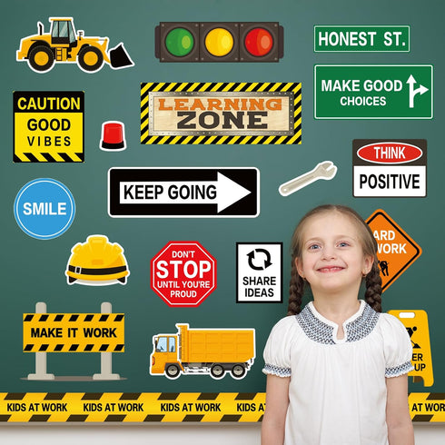 Whaline Construction Bulletin Board Set with Glue Points Positive Saying Learning Zone Cutouts Decorations Constructional Classroom Accent for Sch...