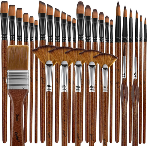 Bougimal 32 Pieces Paint Brush Set, Artist Upgrade Series, Nylon Bristles with Round, Filbert, Flat, Fan, Angle, Fine Detail Brush, Suitable for A...