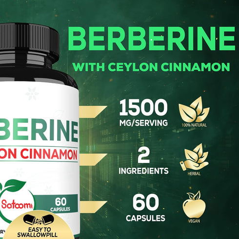 1500mg Berberine with Ceylon Cinnamon Supplement - Extra Strength for Immune System, Digestive Health, Body Management & Energy Production - 60 Ca...