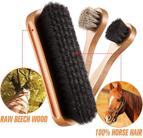 4 Pcs Horsehair Shine Shoes Brush Kit Polish Dauber Applicators Cleaning Leather Shoes Boots Care Brushes Suede Cleaner Brush with Microfiber Shoe...