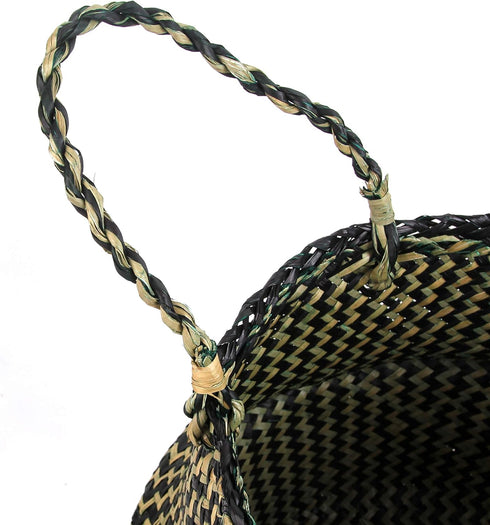 Woven Seagrass Belly Basket for Storage Plant Pot Basket and Laundry, Picnic and Grocery Basket (Medium, black strips)...