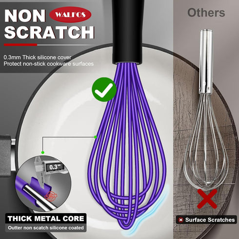 Walfos Whisk,8.5+9+11in Silicone whisk, BPA free Whisks for Cooking Non Scratch. Heat Resistant(450°F) Wisk. Perfect for Blending, Mixing, Beating...