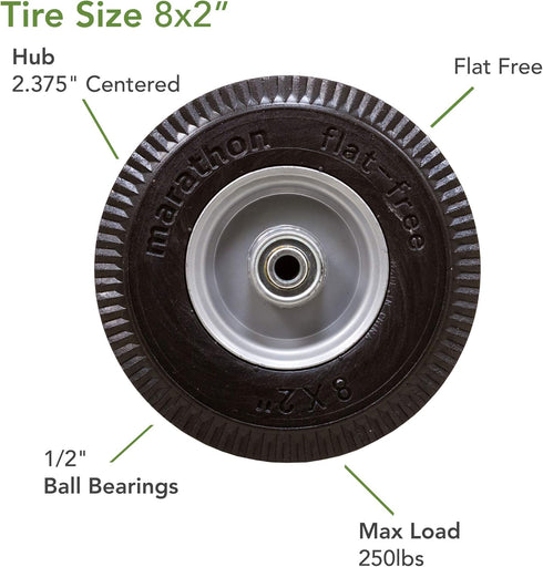 Marathon 33102 8x2" Flat Free, Hand Truck / All Purpose Utility Tire on Wheel, 2.375" Centered Hub, 1/2" Bearings...