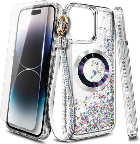 Designed for iPhone 15 Pro Max Magnetic Case Compatible with MagSafe, Tempered Glass Screen Protector/Camera Lens Protector/Wrist Strap Lanyard, G...