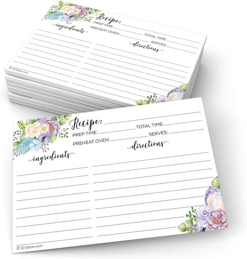 321Done 4" x 6" Floral Recipe Cards (Set of 50) - Thick Double Sided Premium Card Stock - Made in USA - Watercolor Flowers on White, Large Notes F...