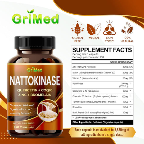 Nattokinase 8,800mg X8 Power with Quercetin, CoQ10, Zinc, Bromelain for Digestion Function, Immunity Booster, Overall Well-Being - USA made & test...