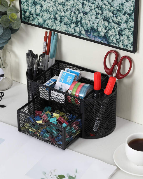 EasyPAG Desk Organizer Mesh Desktop Office Supplies Multi-functional Caddy Pen Holder Stationery with 8 Compartments and 1 Drawer,Black...