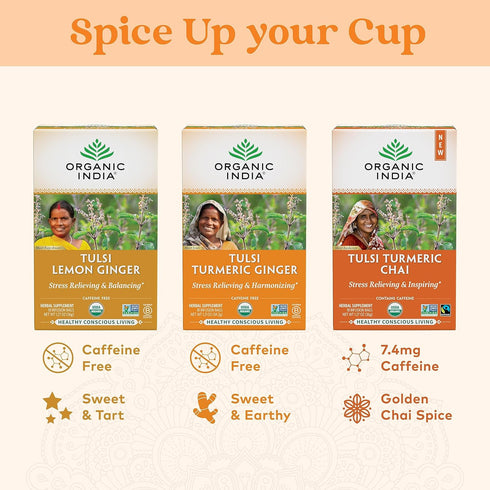 ORGANIC INDIA Tulsi Turmeric Ginger Tea Bags- Herbal Tea, Ginger Turmeric Tea, Immune Support, Aids Digestion, Caffeine-Free- 18 Infusion Bags, 1 ...