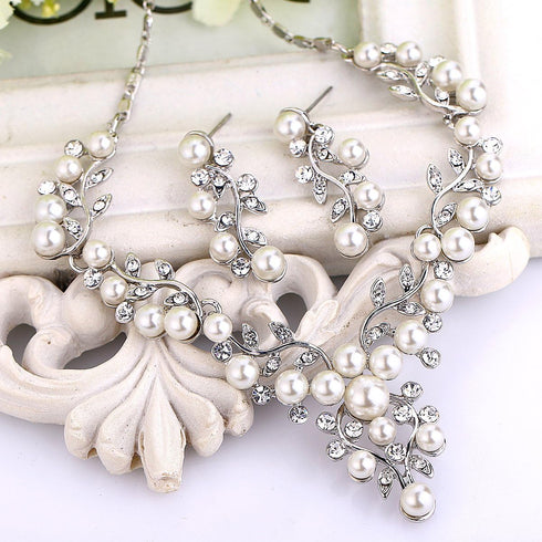 EVER FAITH Women's Crystal Simulated Pearl Leaf Vine Necklace Earrings Set Clear Silver-Tone...