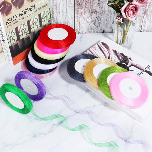 3/8 inch Sheer Organza Ribbon 50 Yards Hot Pink Chiffon Ribbon for Gift Wrapping Father's Day Crafts Wedding Bouquet Ribbon...