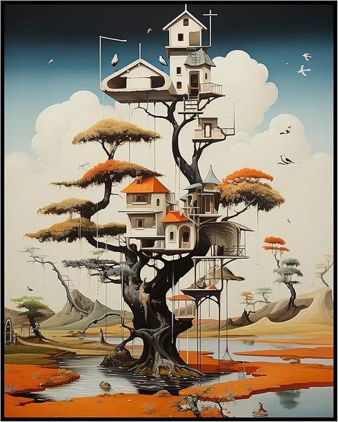 Posterizer 1 pcs-peacefull giant treehouse-Abstract & Modern Art-Fantasy & Fiction Art-Gift for Art Lovers-Decor for Home & Office- UNFRAMED Wall ...