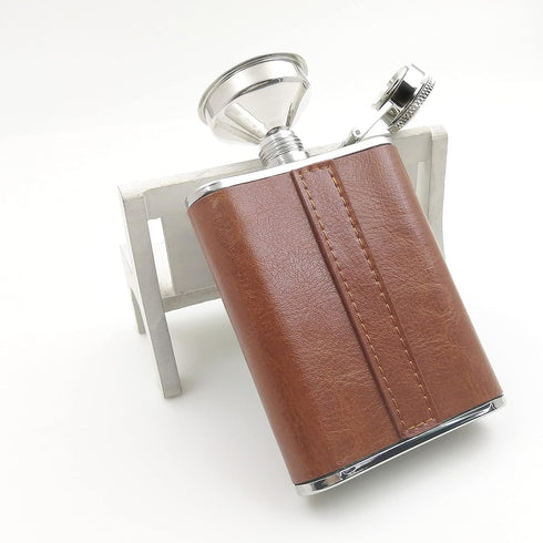 3oz Brown Red Leather Wrapped Hip Flask with a Funnel 18/8 Stainless Steel-YM102...
