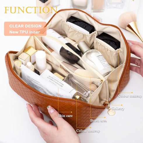 Travel Makeup Bag, Large Capacity Cosmetic Bags, Portable Makeup Organizer Bag, PU Leather Waterproof Cosmetic Bag Flat Toiletry Bag with Divider ...