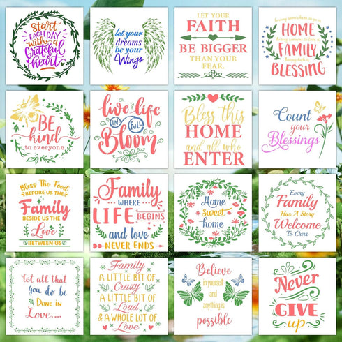 16 Pieces Inspirational Word Stencils Kit Motivational Stencil Reusable Phrase Word Template Family Sign Stencils for Painting on Wood, Porch, Fro...