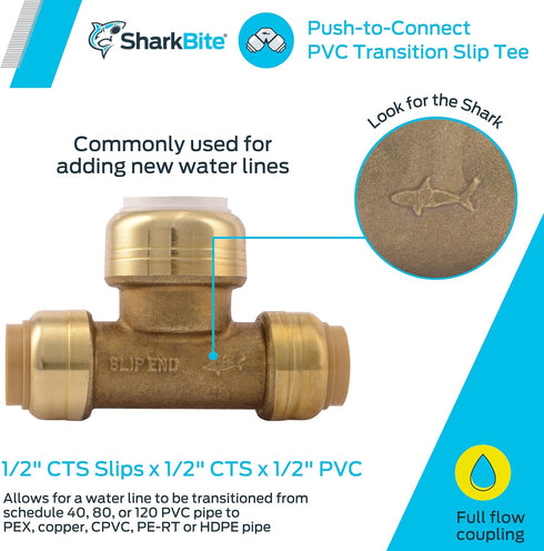 SharkBite 1/2 Inch CTS x 1/2 Inch CTS x 1/2 Inch PVC Slip Tee, Push To Connect Brass Plumbing Fitting, UIP363A...