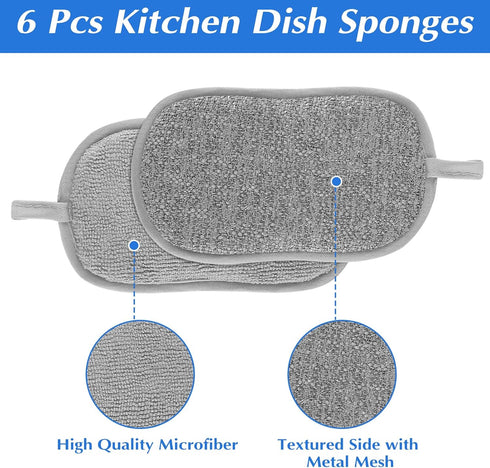6 Pack Multipurpose Dish Scrubber Sponges, Non Scratch Sponge Microfiber Side for Dish Rough Side for Non Stick Cookware Reusable Sponge Scrub Spo...