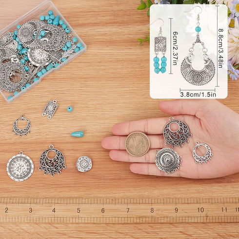 SUNNYCLUE 1 Box DIY 10 Pairs Tibetan Style Chandelier Charms Earrings Making Kit Flower Charm Flat Round Linking Charm Synthetic Turquoise Beads F...