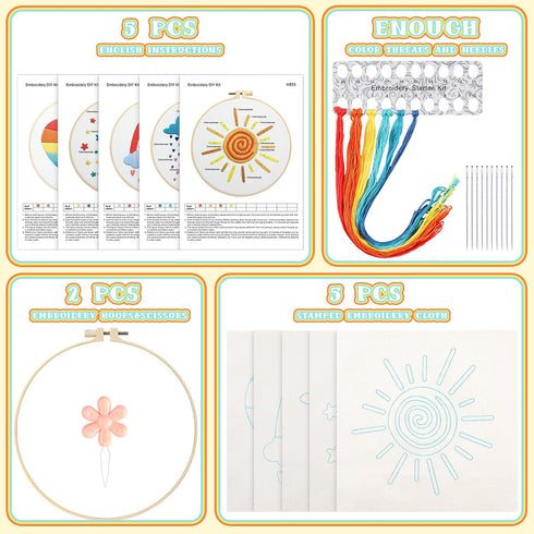 5 Set Embroidery Kit for Beginners Boho Rainbow Cross Stitch with Patterns Embroidery Hoops Instructions Embroidery Floss Needlepoint Kits DIY Adu...