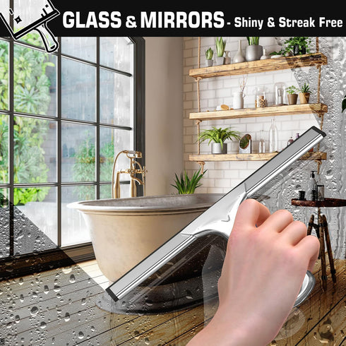 All-Purpose Stainless Steel Shower Squeegee for Glass Doors with 2 Adhesive Hooks, Squeegee for Bathroom Cleaner Tool Household Window Mirror Sque...