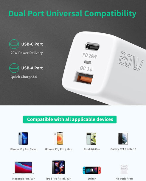 USB C Wall Charger Fast Charger Block, 2-Pack TI-TOO 20W Dual Port Power Adapter, Quick Charge 3.0 USB Type c Power Delivery Charging Plug Compati...