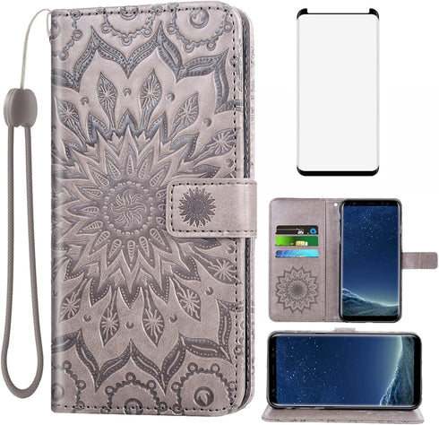 Phone Case for Samsung Galaxy S8 Wallet Cases with Tempered Glass Screen Protector Leather Sunflower Flip Cover Card Holder Stand Cell Accessories...