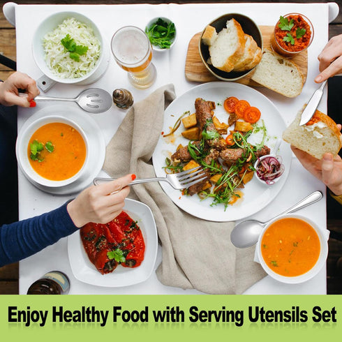 E-far Serving Utensils, 6 Pieces Stainless Steel Serving Spoon, Slotted Spoon, Fork, Tong, Cake Server and Butter Knife for Parties Buffet Banquet...