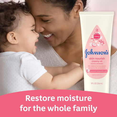 Johnson's Skin Nourish Creamy Baby Oil for Dry Skin with Coconut & Honeysuckle Scent, Rich & Creamy Baby Body Oil Moisturizes for 24 Hours & Helps...