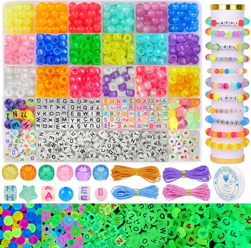 DULEFUN Glow Beads Bracelet Making Kit, Glow in The Dark Pony Beads Letter Beads Heart Beads for Bracelets Jewelry Making Luminous Plastic Glow Be...