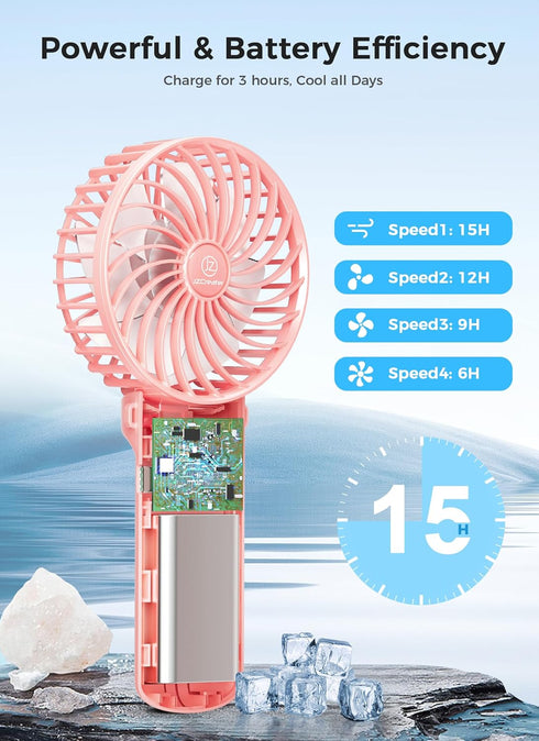 JZCreater Mini Handheld Fan,Portable Hand Held Fan, 15H Cooling Fan, Quiet 4 Speed, USB Rechargeable Battery Operated Desk Fan, Small Folding Elec...