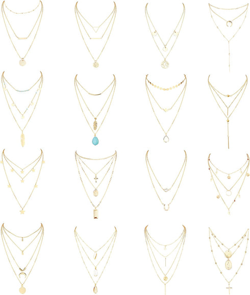 JOERICA 16 Pcs Gold Layered Necklaces Choker Chain Y Necklace Set for Women Disc Bar Shell Feather Horn Blessed Virgin Mary Pendant Necklace Jewel...