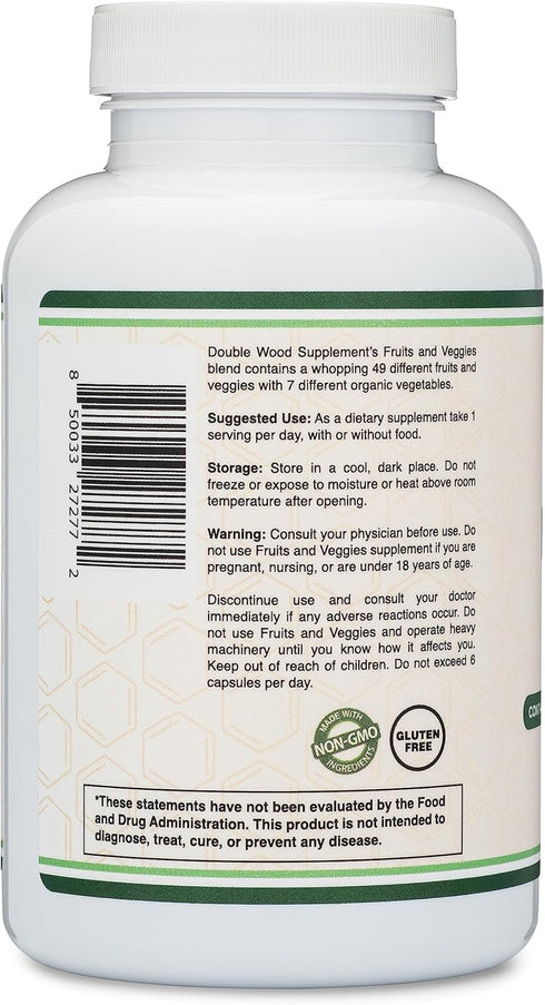 Fruits and Veggies Supplement (Daily Blend of 49 Different Fruits and Vegetables, 23 Veggies and 29 Fruits) 1,500mg Servings, 180 Capsules (No Fil...