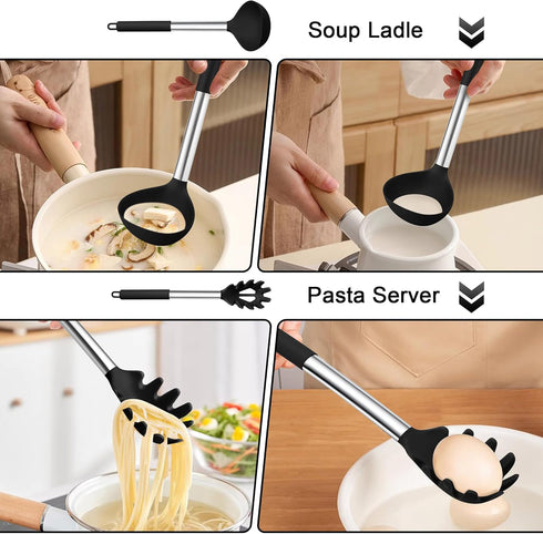 TeamFar Silicone Pasta Fork and Ladle Spoon Set, 2 Pcs Large Nonstick Kitchen Utensils with Stainless Steel Handle for Cooking, Draining, Serving ...